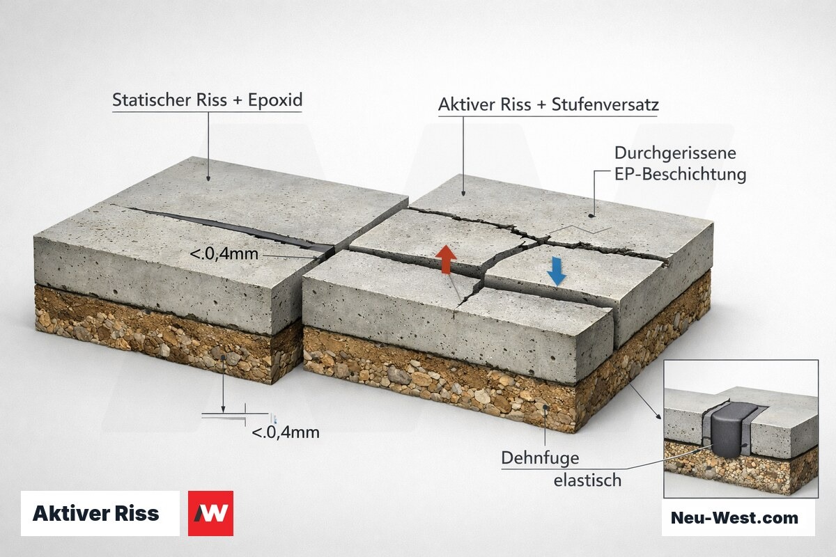 Querschnitt Betonboden: statischer Riss mit Epoxid versus aktiver Riss mit Stufenversatz, durchgerissene EP-Beschichtung und elastische Dehnfuge als Loesung.