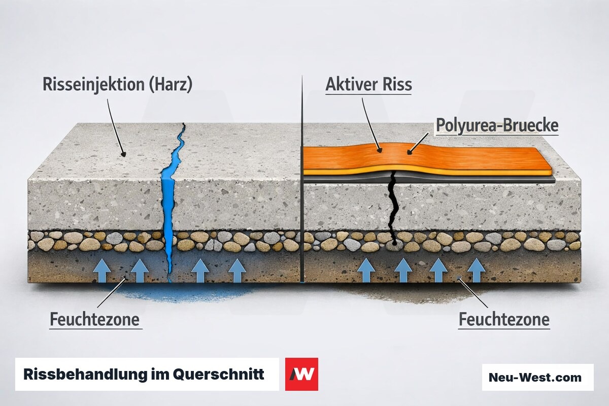 Querschnitt einer Bodenplatte: Risseinjektion mit Harz, aktiver Riss mit flexibler Polyurea-Brücke und aufsteigende Feuchtezone im Vergleich.
