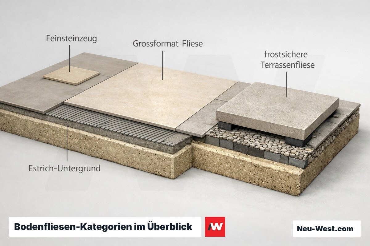 Cutaway-Illustration von Bodenfliesen: Feinsteinzeug, Großformat und frostsichere Terrassenfliese auf Estrich-Untergrund, innen und außen.