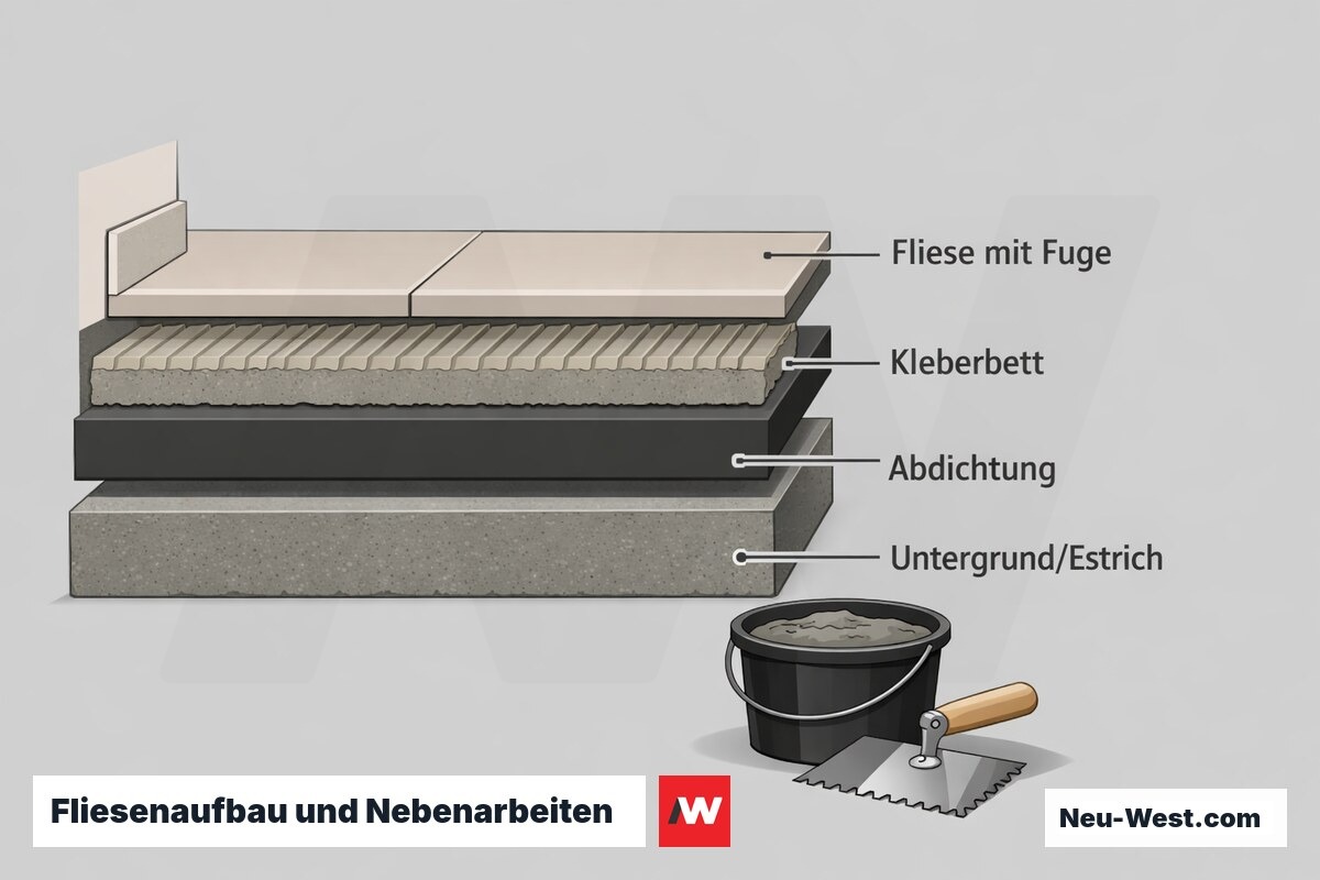 Querschnitt eines Bodenfliesen-Aufbaus mit Estrich, Abdichtung, Kleberbett und Fliese sowie Zuschnitt und Sockel als Nebenarbeiten.