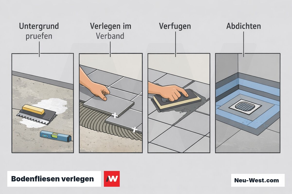 Prozess-Illustration der Bodenfliesen-Arbeitsschritte: Untergrund prüfen, Verlegen im Verband, Verfugen und Abdichten im Nassbereich.