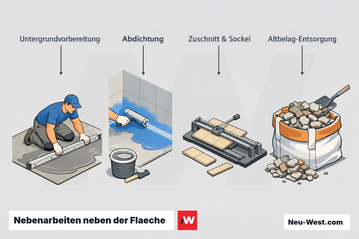 Diagramm mit vier Nebenarbeiten: Untergrundvorbereitung, Abdichtung, Fliesenzuschnitt mit Sockel und Entsorgung des Altbelags.