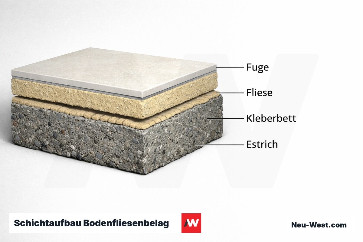 Schichtaufbau Bodenfliesenbelag mit Schichtdicken und Grenzwerten – Erklär-Grafik (NEUWEST Berlin)
