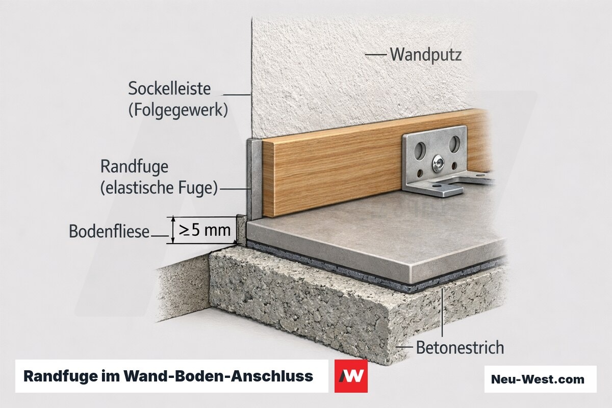 Querschnitt des Wand-Boden-Anschlusses mit elastischer Randfuge zwischen Bodenfliese und Wand, teilweise von Sockelleiste überdeckt.