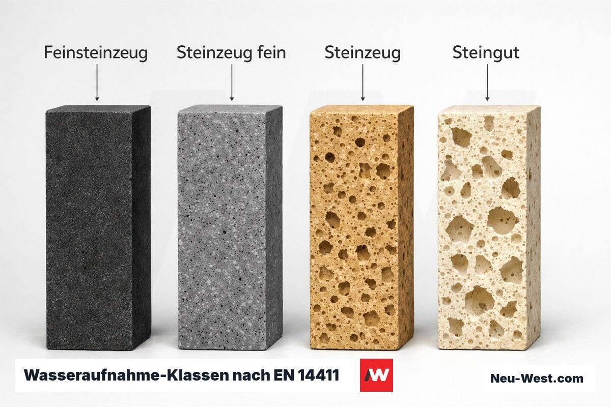 Wasseraufnahme-Klassen nach EN 14411 (ISO 13006): BIa bis BIII – Erklär-Grafik (NEUWEST Berlin)