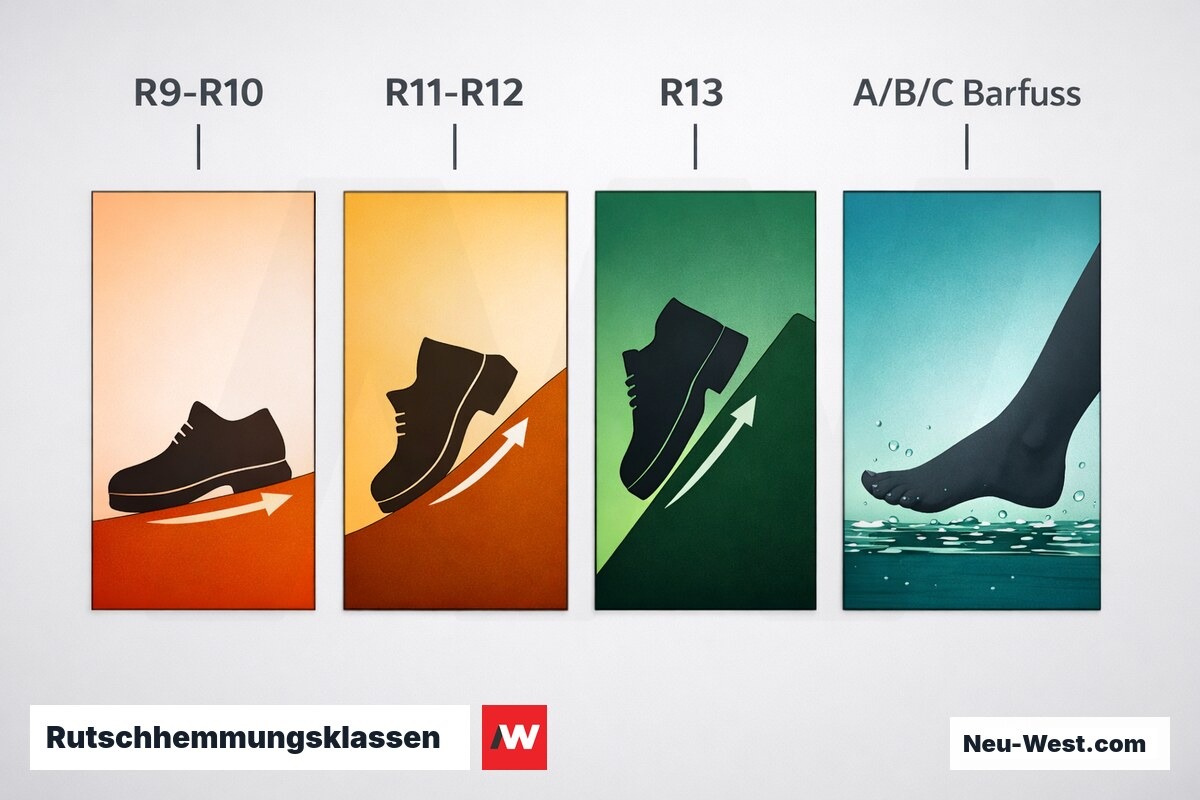 Rutschhemmungsklassen: DIN 51130 (R-Werte) und DIN 51097 (Barfussbereich) – Erklär-Grafik (NEUWEST Berlin)