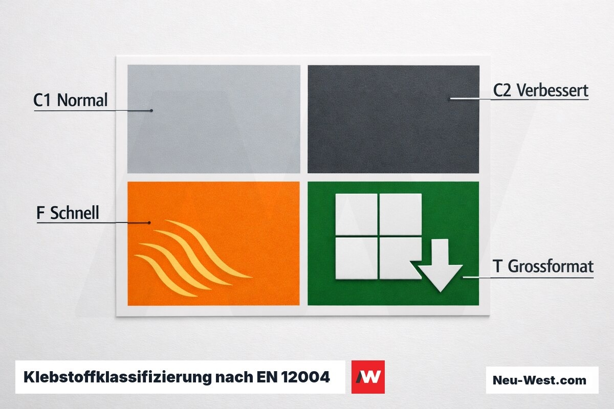 Klebstoffklassifizierung nach EN 12004: Basisklassen und Zusatzkennungen – Erklär-Grafik (NEUWEST Berlin)