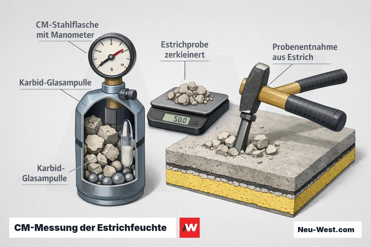 Erklaer-Grafik der CM-Methode: Stahlflasche mit Manometer, Karbidampulle und zerkleinerte Estrichprobe zur Messung der Estrichrestfeuchte vor der Belagsverlegung.