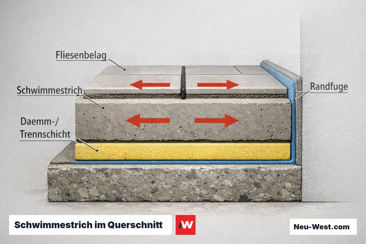 Querschnitt eines Schwimmestrichs mit Fliesenbelag, Dämmschicht und Randfuge; Pfeile zeigen horizontale Dehnkräfte im Belag.