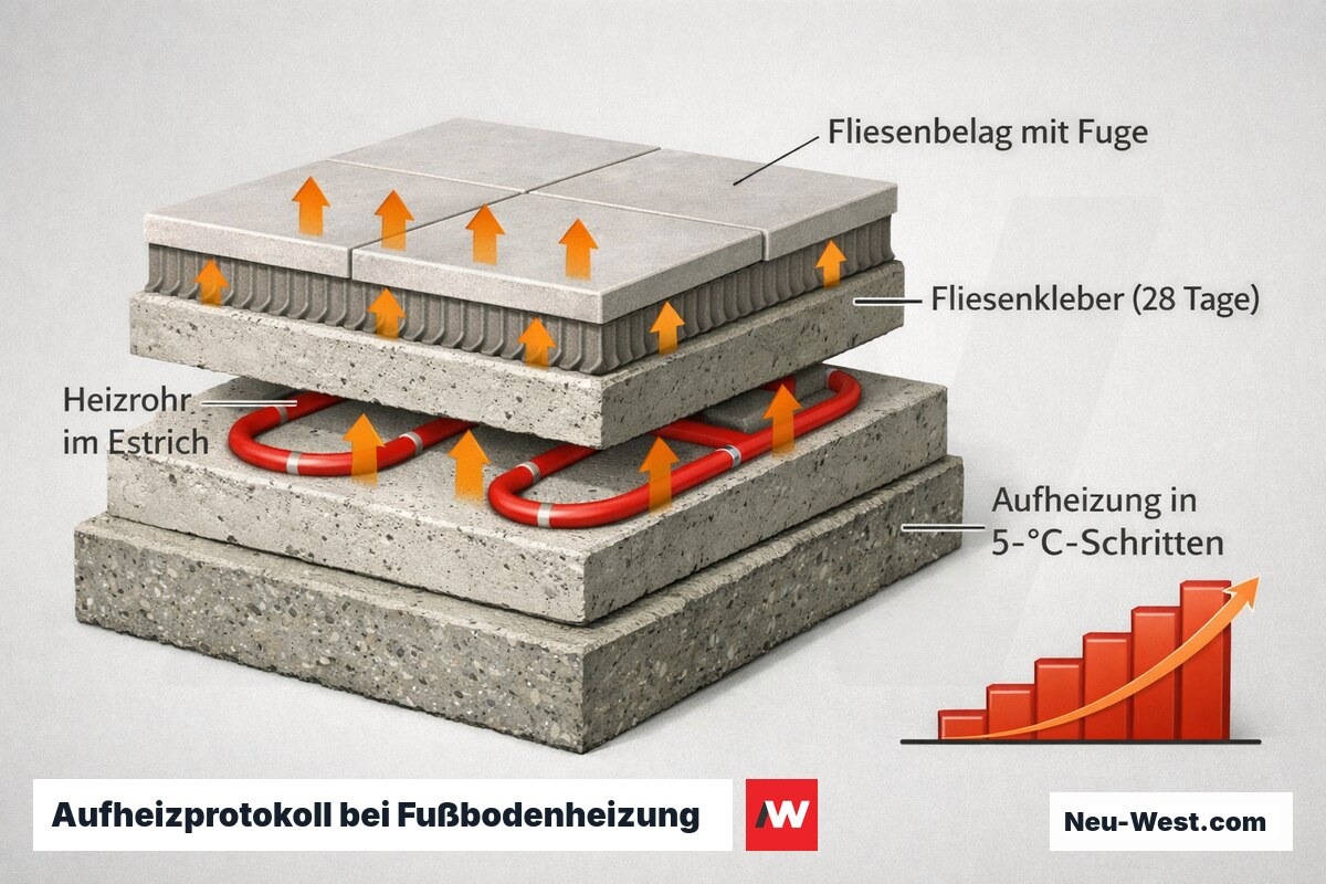 Querschnitt einer Fußbodenheizung mit Estrich, Heizrohr, Fliesenkleber und Fliesen sowie schrittweisem Aufheizen in 5-Grad-Stufen zur Rissvermeidung.