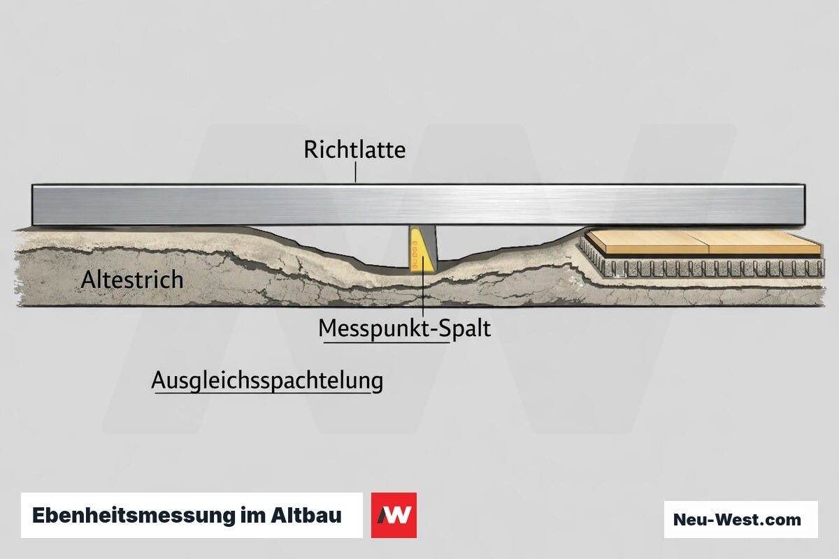 Querschnitt: Richtlatte auf unebenem Altestrich, Messspalt am Tiefpunkt und Ausgleichsspachtelung unter fertigem Bodenaufbau nach DIN 18202.