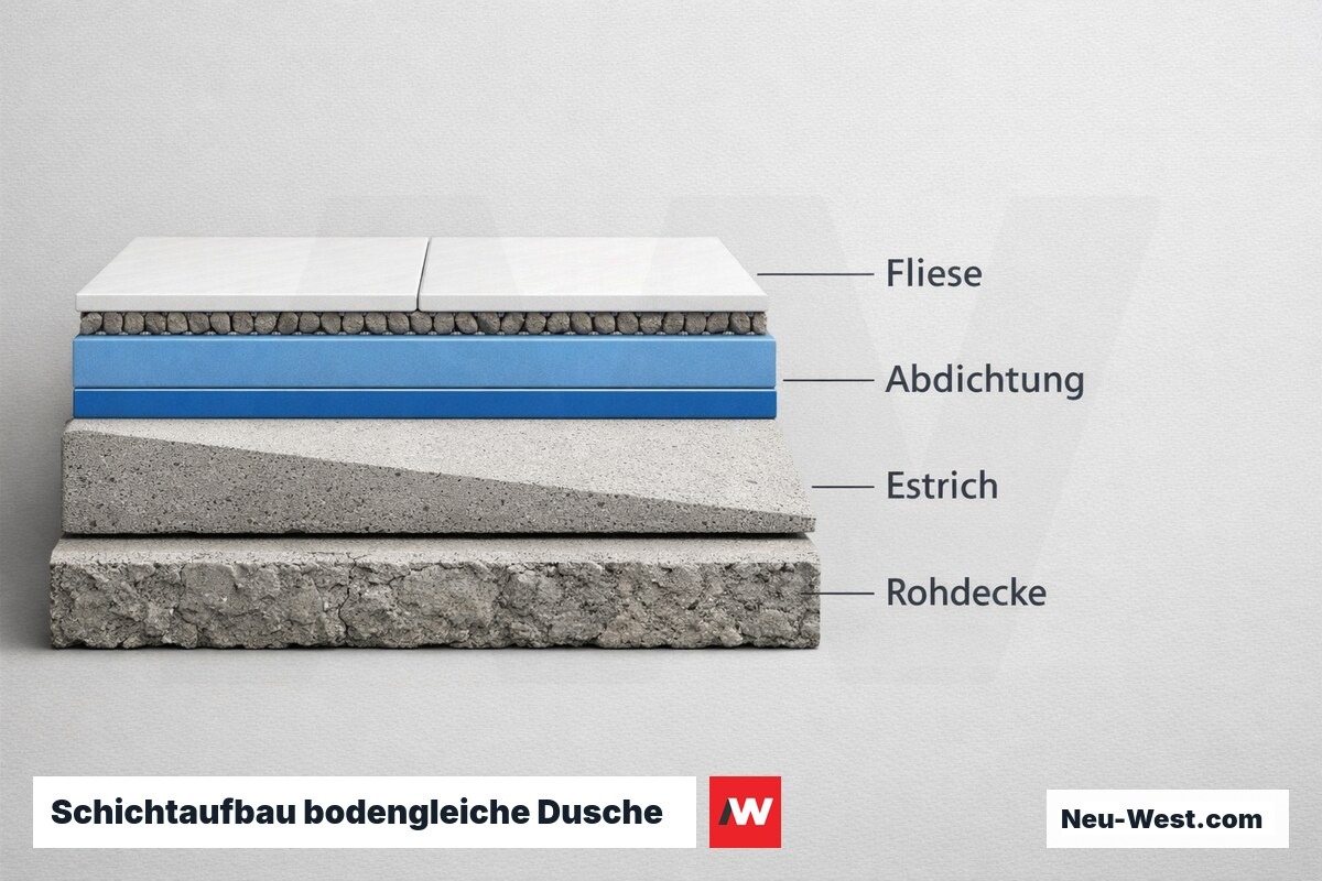 Schichtaufbau bodengleiche Dusche: Mindestdicken von unten nach oben – Erklär-Grafik (NEUWEST Berlin)