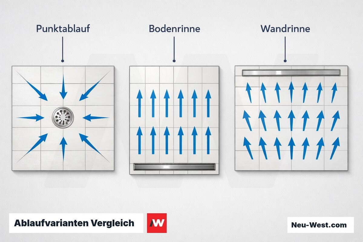 Ablaufvarianten Vergleich: Punktablauf, Bodenrinne, Wandrinne – Erklär-Grafik (NEUWEST Berlin)