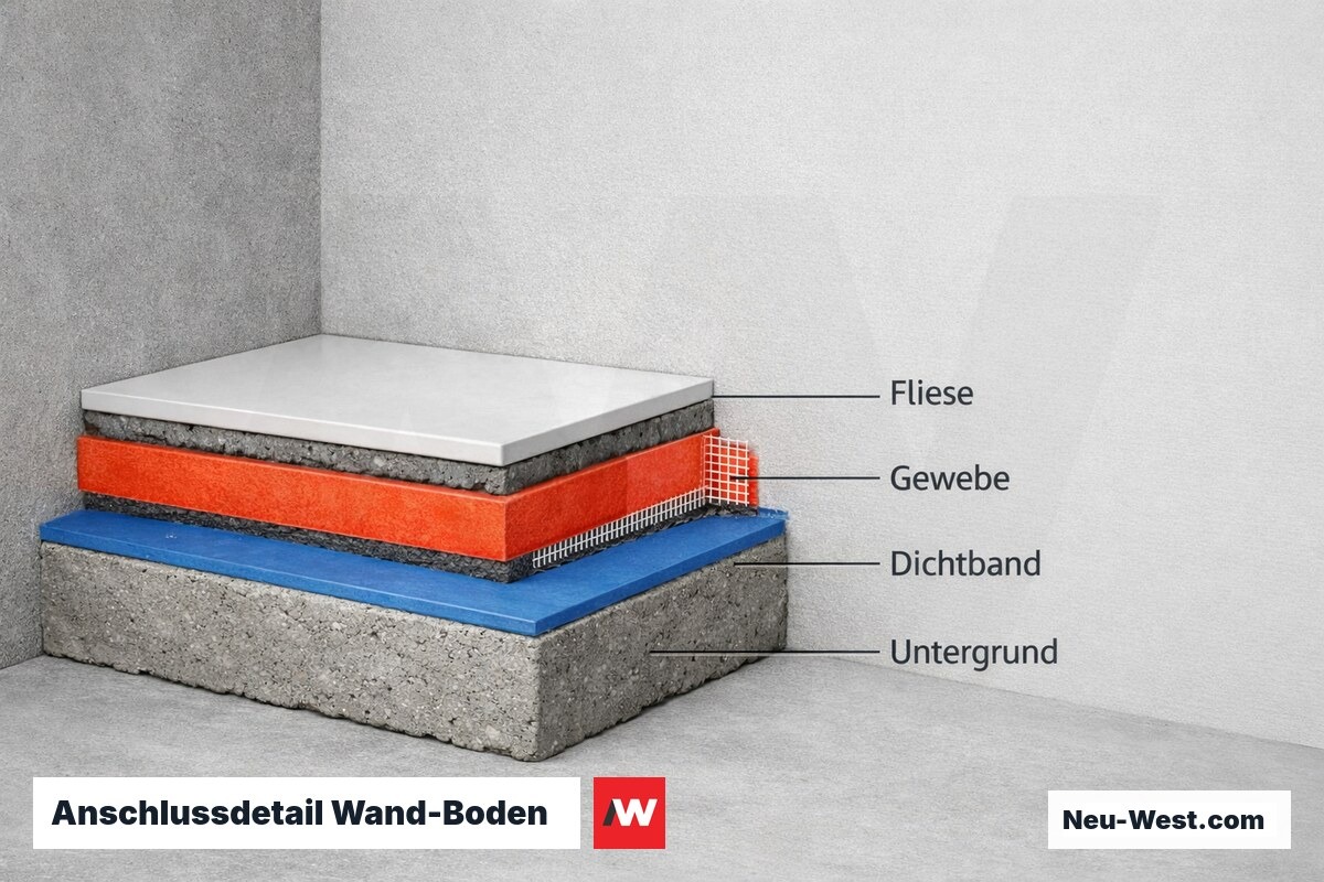 Anschlussdetail Wand-Boden: Dichtband und Gewebeeinlage im Schnitt – Erklär-Grafik (NEUWEST Berlin)