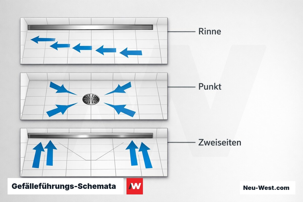 Gefälleführungs-Schemata: Rinne, Punkt, Zweiseiten im Vergleich – Erklär-Grafik (NEUWEST Berlin)