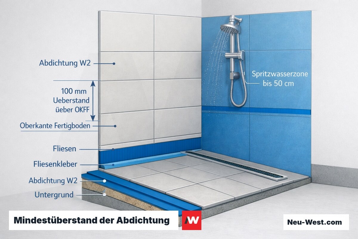 Querschnitt bodengleiche Dusche: Abdichtungsmembran mit 100 mm Überstand über Fertigboden und vollflächige Spritzwasserzone an der Wand nach DIN 18534.