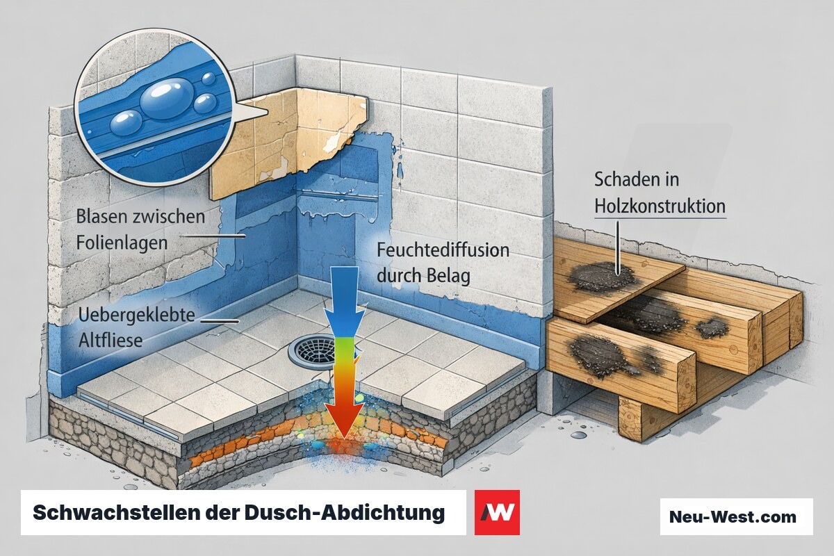 Schnittzeichnung einer Duschabdichtung mit Blasenbildung zwischen Flüssigfolienlagen, übergeklebter Altfliese, Feuchtediffusion und Schäden in der Holzkonstruktion.