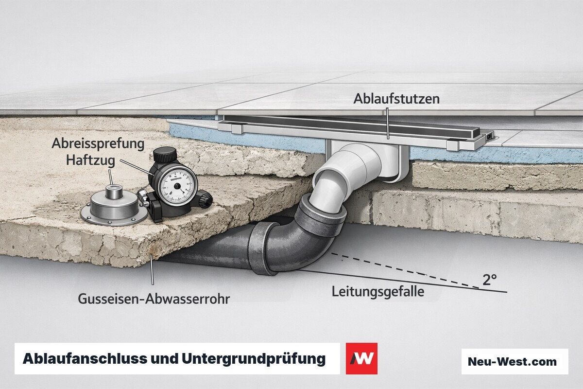 Querschnitt: Duschablauf mit Gefälle am Gusseisenrohr angeschlossen, daneben Haftzug-Abreißprüfung am Untergrund.