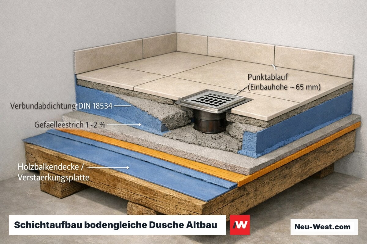 Technischer Querschnitt des bodengleichen Duschaufbaus im Altbau mit Abdichtung, Gefälleestrich und Punktablauf, ca. 65 mm Aufbauhöhe.