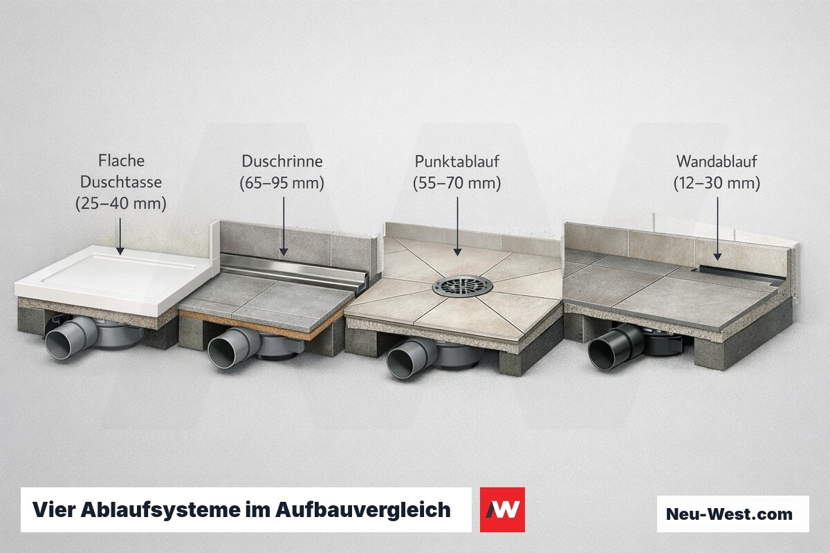 Vier bodengleiche Ablaufsysteme im Querschnitt: Duschtasse, Rinne, Punktablauf und Wandablauf mit jeweiligen Aufbauhöhen im Vergleich.