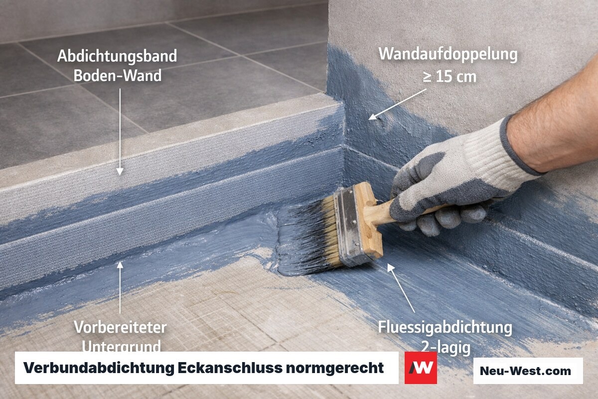 Handwerker trägt Flüssigabdichtung mit Armierungsband an der Boden-Wand-Ecke der bodengleichen Dusche auf, DIN 18534 konform.