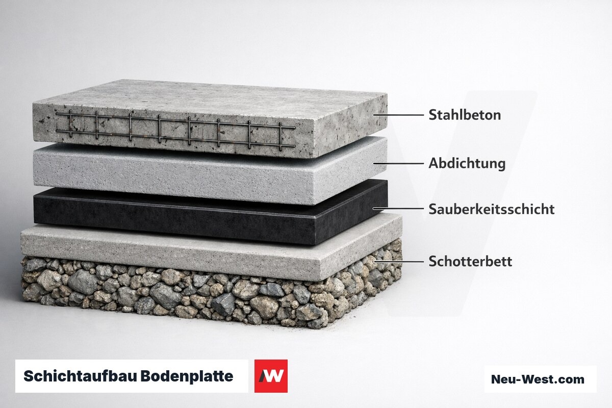 Schichtaufbau Bodenplatte: Normgerechter Aufbau mit Mindestdicken – Erklär-Grafik (NEUWEST Berlin)
