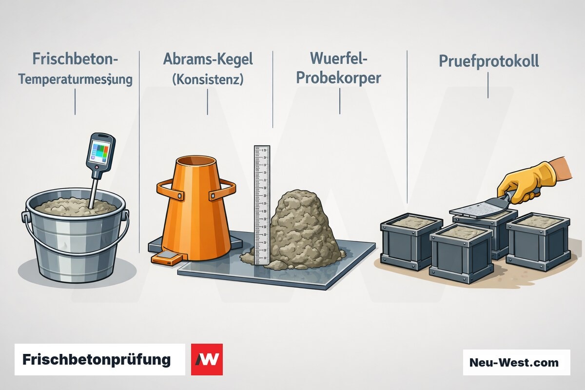 Erklär-Grafik der Frischbetonprüfung auf der Baustelle: Temperaturmessung, Konsistenzprüfung mit Abrams-Kegel und Würfel-Probekörper für die Konformitätsprüfung.