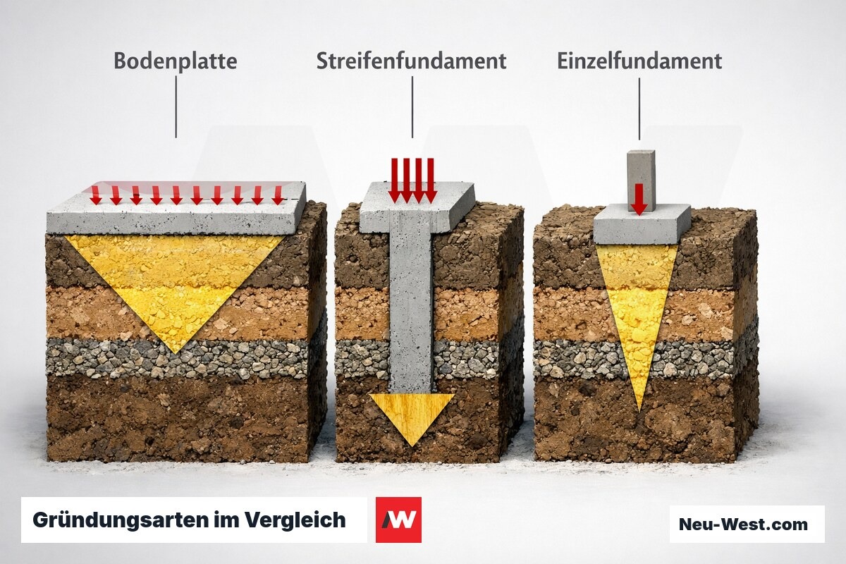 Gründungsarten im Vergleich: Bodenplatte, Streifenfundament, Einzelfundament – Erklär-Grafik (NEUWEST Berlin)