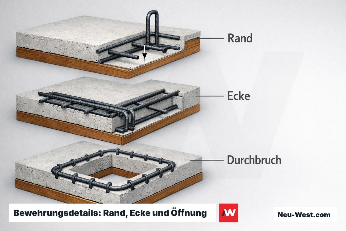 Bewehrungsdetails: Rand, Ecke und Öffnung — kritische Knotenpunkte – Erklär-Grafik (NEUWEST Berlin)
