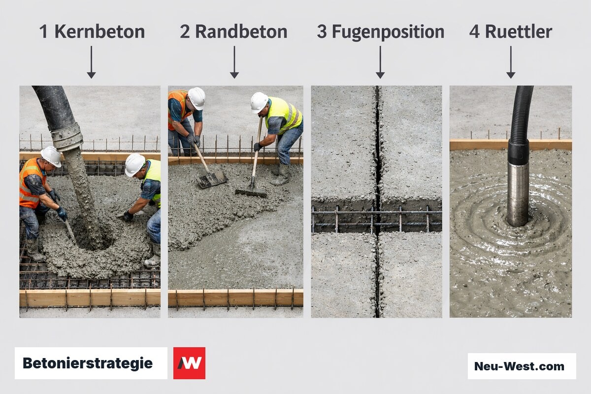Betonierstrategie: Abschnittsreihenfolge, Fugenposition und Verdichtung – Erklär-Grafik (NEUWEST Berlin)