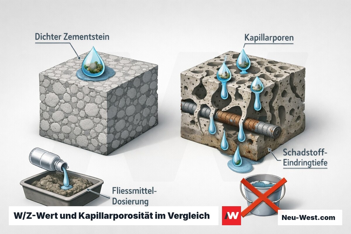 Querschnitt-Vergleich: dichter Zementstein gegen kapillarporösen Zementstein mit eindringendem Wasser, plus Fließmittel-Dosierung statt Zusatzwasser.