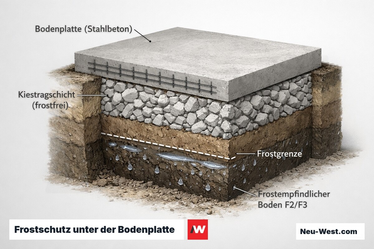 Querschnitt durch Baugrund: Bodenplatte auf frostfreier Kiestragschicht ueber frostempfindlichem Schluff-/Tonboden mit Eislinsen und Frostgrenze.