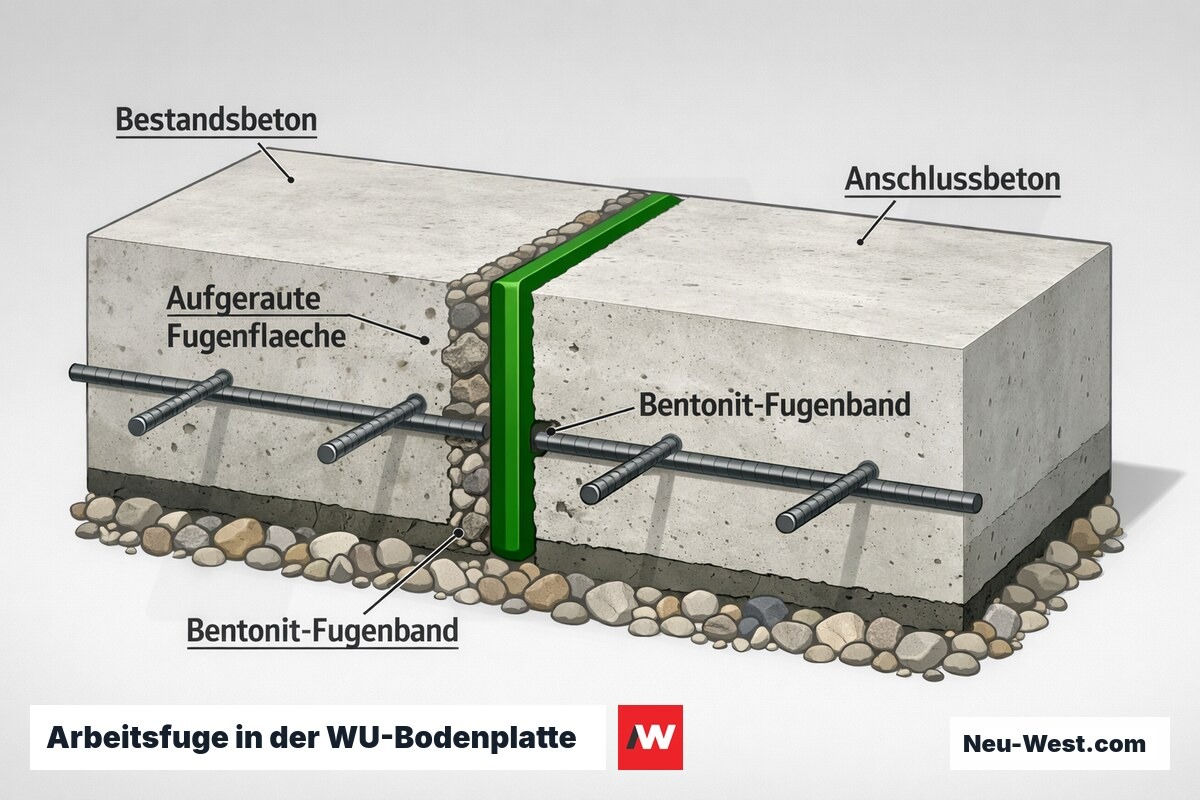 Querschnitt einer Arbeitsfuge in einer WU-Bodenplatte mit aufgerauter Fugenfläche, Bentonit-Fugenband, Bewehrung und Anschlussbeton.