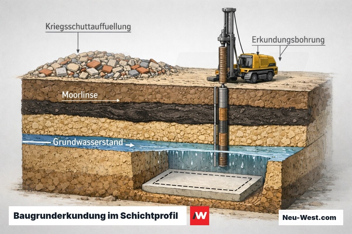 Bodenquerschnitt mit Schuttauffüllung, Moorlinse, Grundwasserstand und Erkundungsbohrung vor dem Betonieren des Fundaments in Berlin.