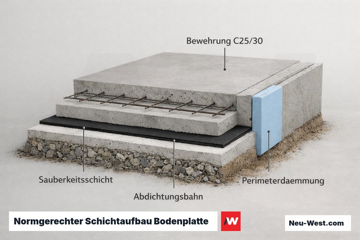 Querschnitt einer Bodenplatte mit allen Schichten von Kiesschüttung über Abdichtung und Dämmung bis zum Stahlbeton, Tiefenschnitt.