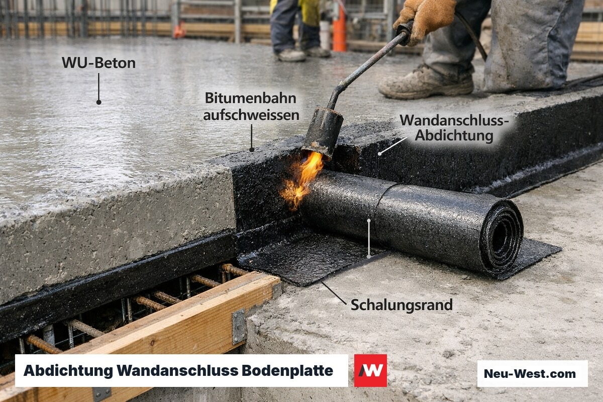 Bauarbeiter schweißen Bitumendichtbahn auf Bodenplatte auf und führen sie an Kellerwand hoch, Abdichtungsdetail Wandanschluss.