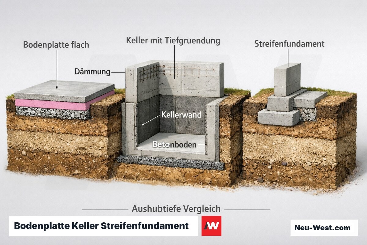 Vergleichsdarstellung drei Gründungsarten nebeneinander: Bodenplatte, Keller und Streifenfundament im Querschnitt mit Bodenschichten.