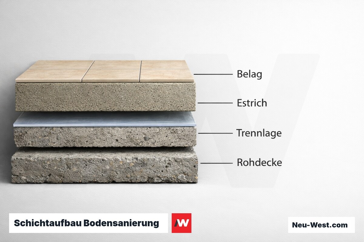 Schichtaufbau Bodensanierung: Rohdecke bis Belag (nach DIN 18560) – Erklär-Grafik (NEUWEST Berlin)