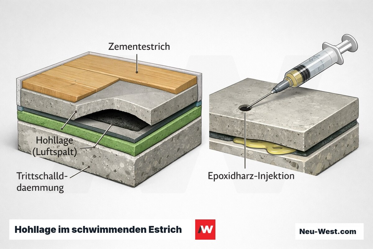 Querschnitt eines schwimmenden Estrichs mit Hohllage über der Dämmung und Epoxidharz-Injektion zur lokalen Reparatur.