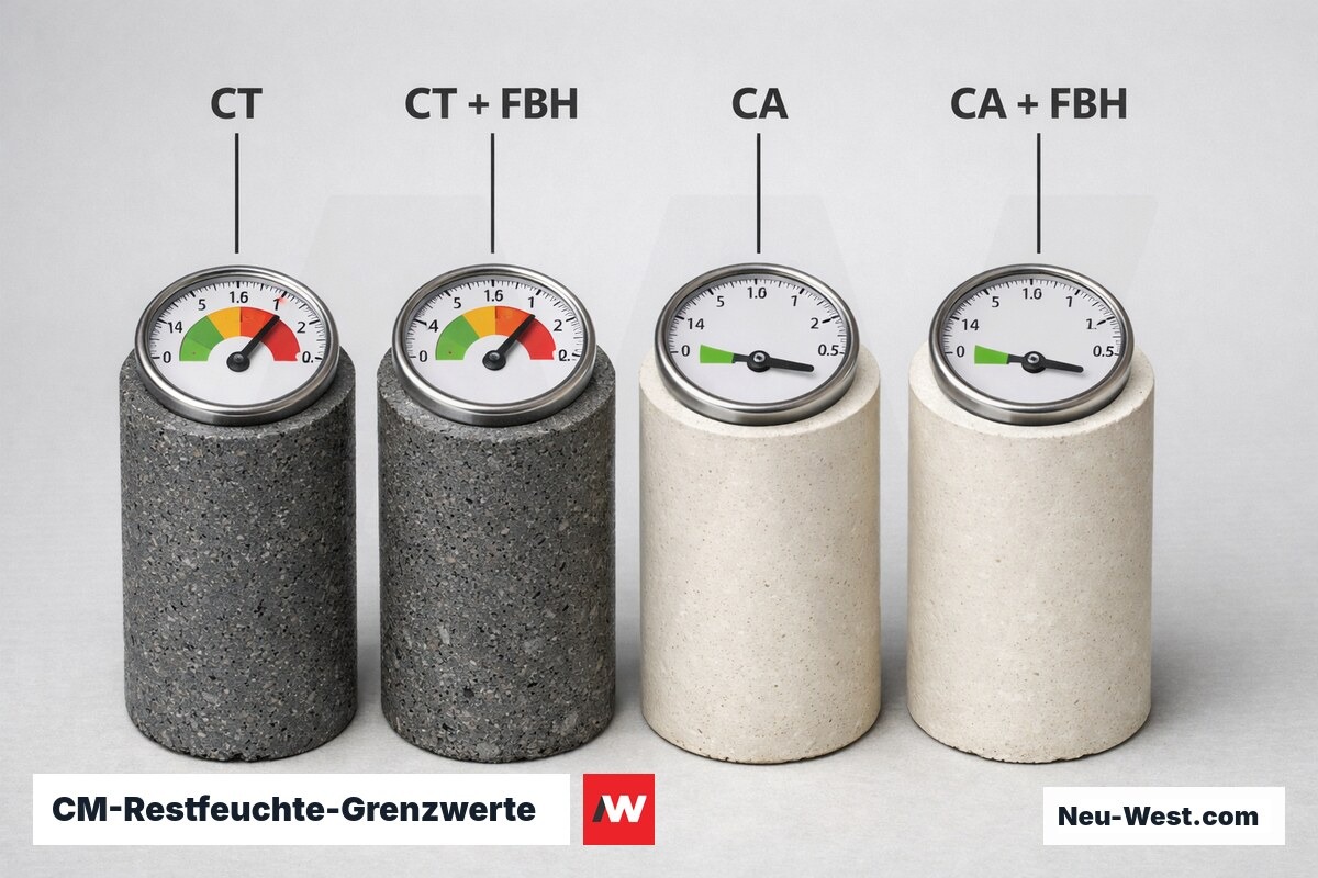 CM-Restfeuchte-Grenzwerte: CT vs. CA Estrich mit und ohne Fußbodenheizung – Erklär-Grafik (NEUWEST Berlin)