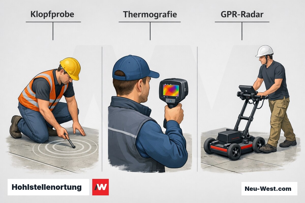 Hohlstellenortung: Klopfprobe, Thermografie und GPR-Radar im Direktvergleich – Erklär-Grafik (NEUWEST Berlin)