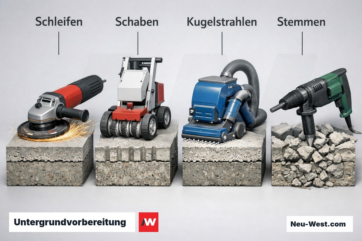 Untergrundvorbereitung: Schleifen, Fräsen, Kugelstrahlen, Stemmen im Vergleich – Erklär-Grafik (NEUWEST Berlin)