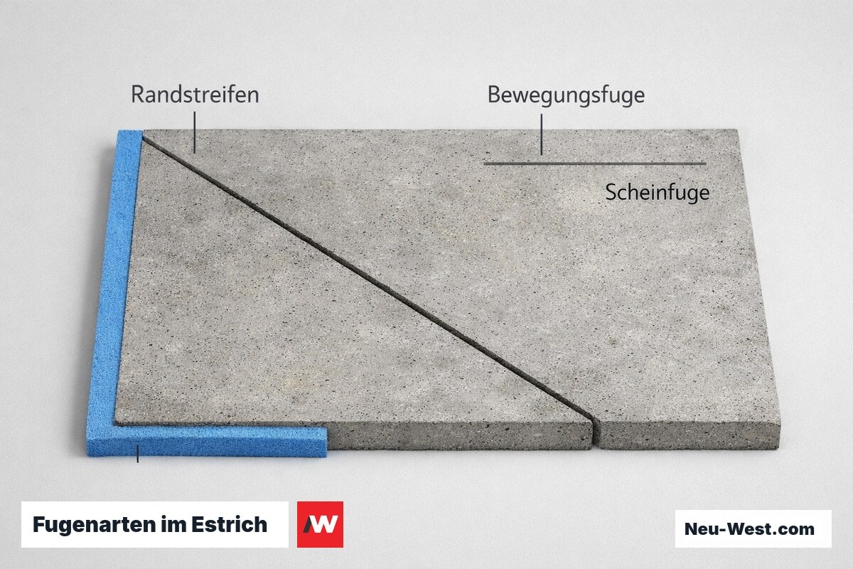 Fugenarten im Estrich: Randstreifen, Bewegungsfuge und Scheinfuge – Erklär-Grafik (NEUWEST Berlin)