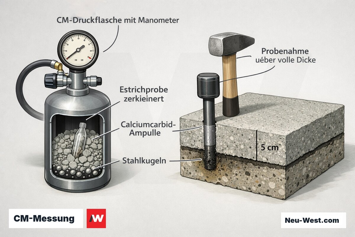 Schnittdiagramm einer CM-Feuchtemessung: Druckflasche mit Manometer, zerkleinerte Estrichprobe mit Calciumcarbid und Probenahme über die volle Estrichdicke.