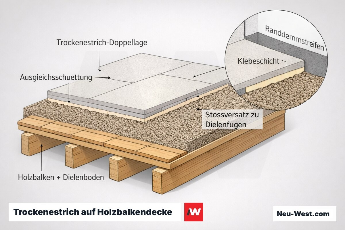 Querschnitt Holzbalkendecke mit Dielen, Ausgleichsschüttung und verklebter Trockenestrich-Doppellage, Plattenstöße versetzt zu den Dielenfugen.