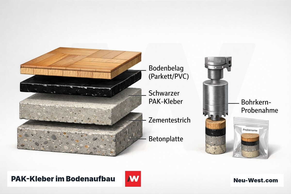 Querschnitt eines Altbodens mit schwarzem PAK-haltigem Kleber zwischen Bodenbelag und Estrich, daneben Bohrkern-Probenahme fuer das Labor.