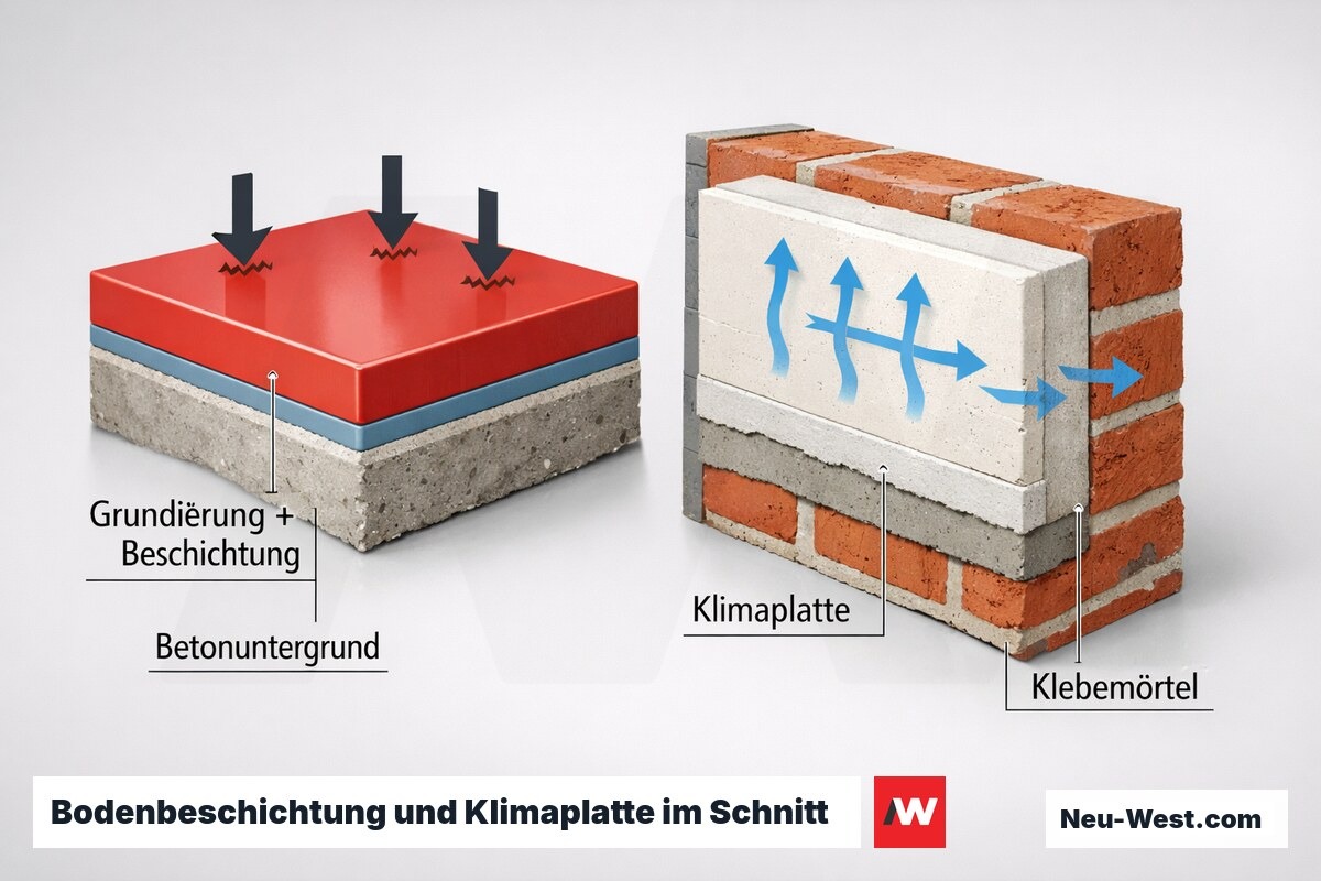 Technischer Querschnitt: beschichteter Betonboden mit Grundierung und Harzschicht neben Wand mit verklebter Klimaplatte und Putz.