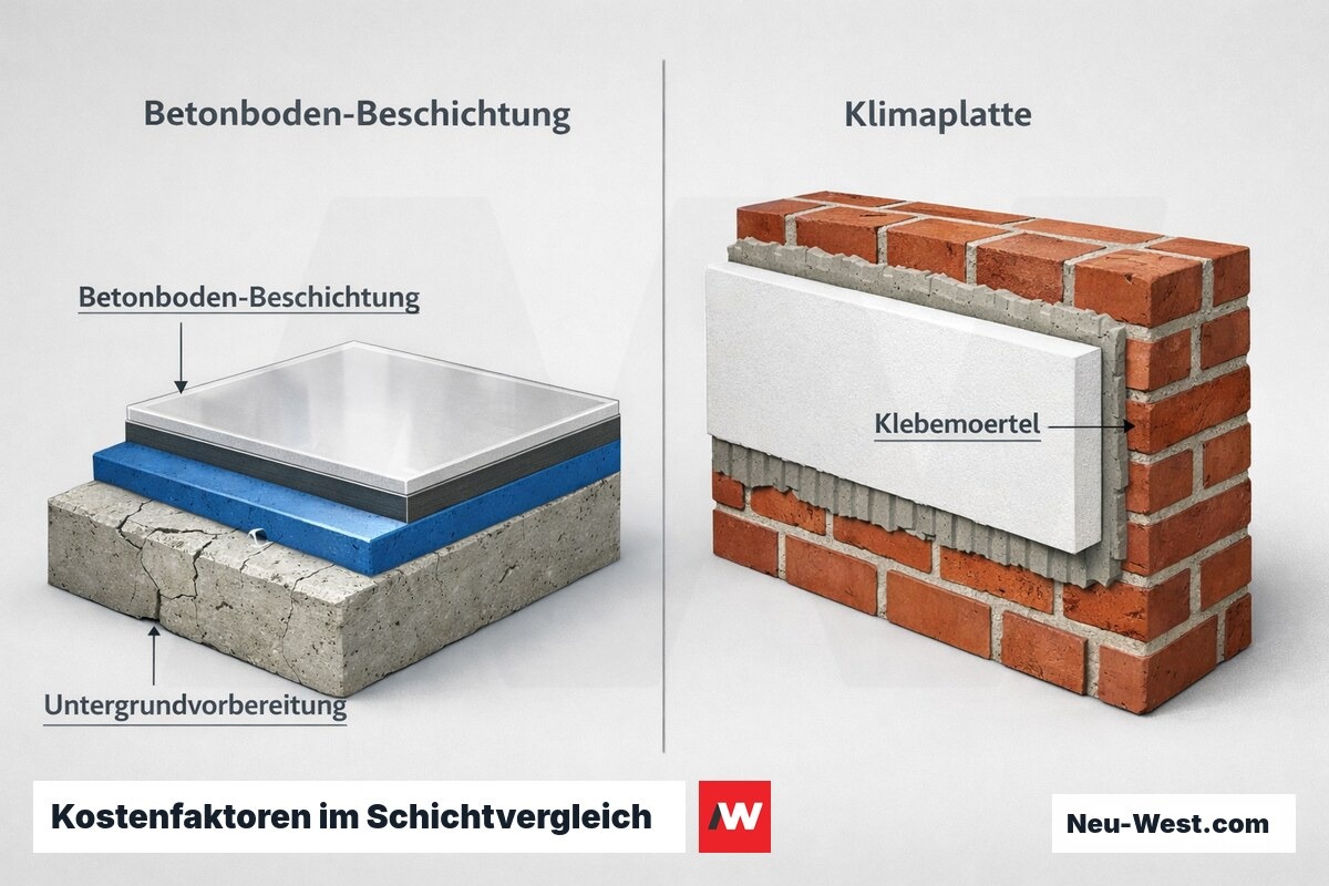 Querschnitt-Vergleich von Betonbodenbeschichtung und Klimaplatten-Montage mit Untergrundvorbereitung als zentralem Kostenfaktor.