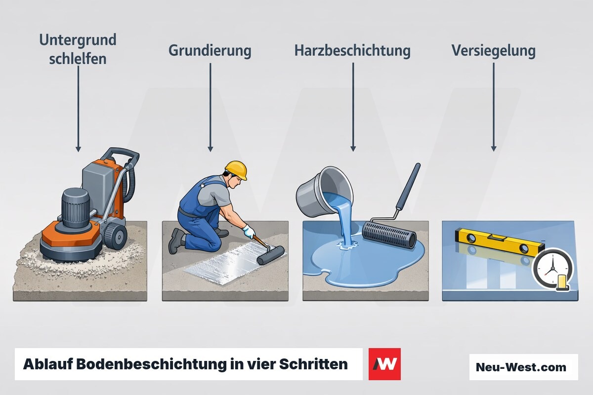 Prozess-Illustration der Bodenbeschichtung: Schleifen des Betons, Grundierung, Gießen der Harzschicht und versiegelte, ausgehärtete Oberfläche.