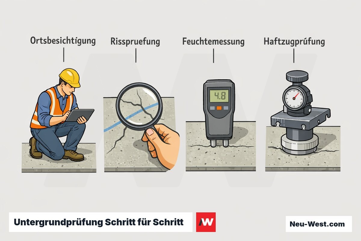 Vierstufige Erklär-Illustration der Untergrundprüfung: Ortsbesichtigung, Rissprüfung, Feuchtemessung und Haftzugprüfung vor Beschichtung oder Montage.